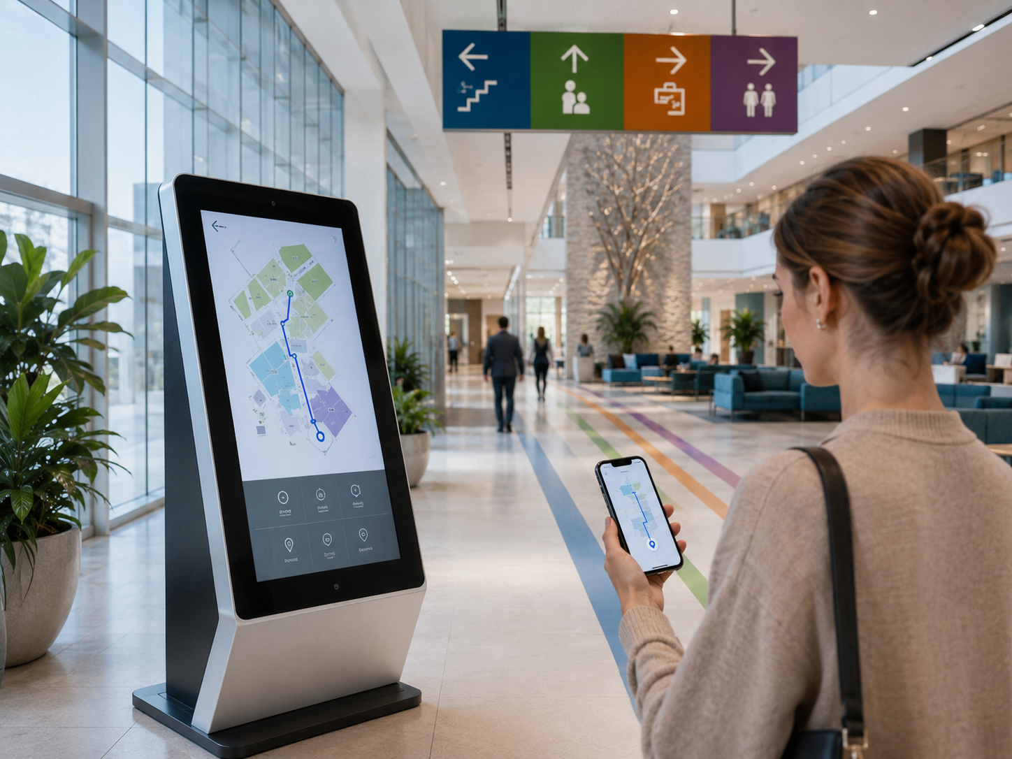 Woman looking at phone at kiosk wayfinding station