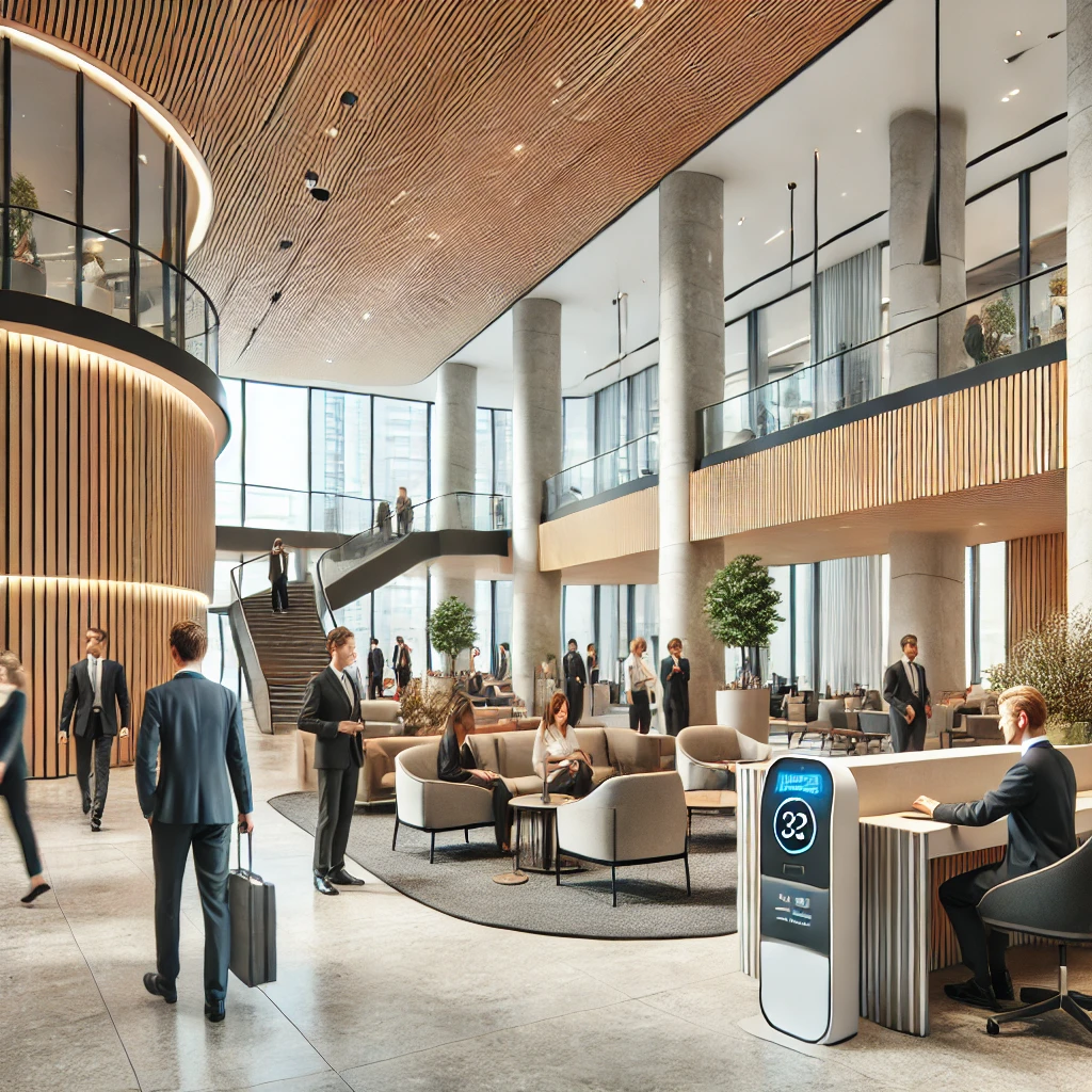 Busy multi-story office lobby with visitor management kiosk