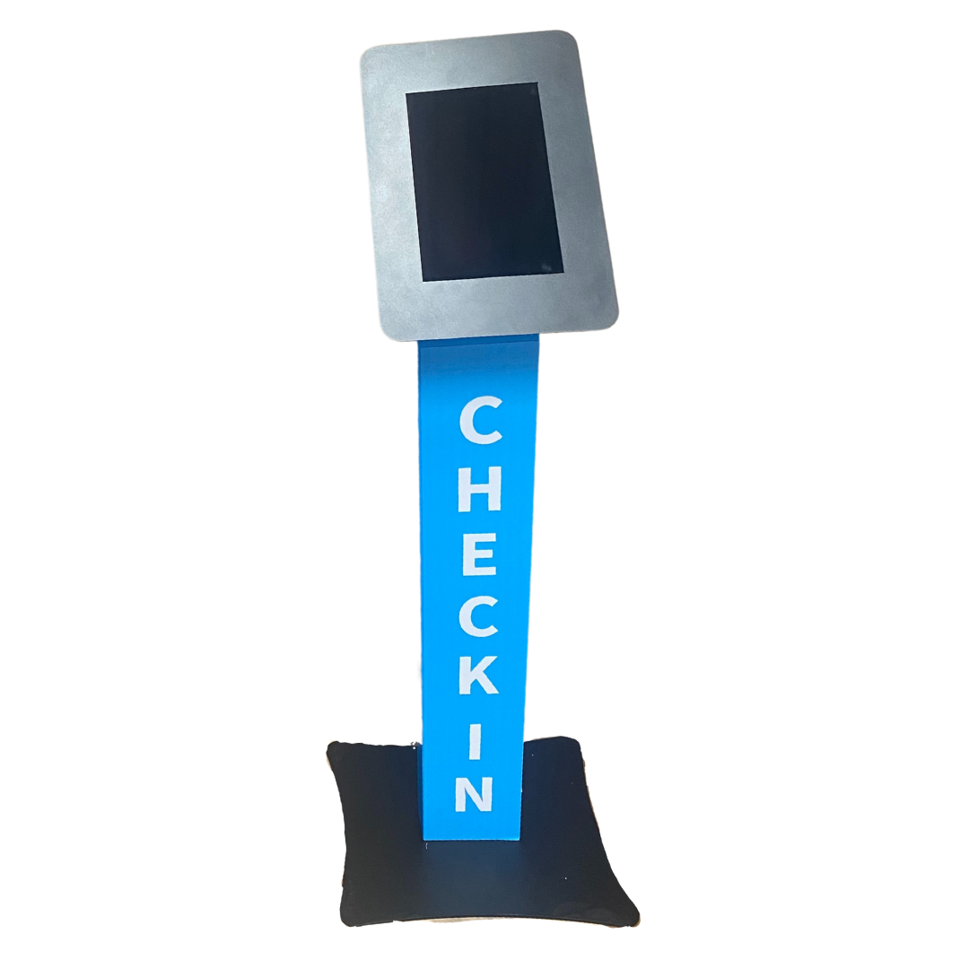 blue and stainless check-in and queuing kiosk for AT&T