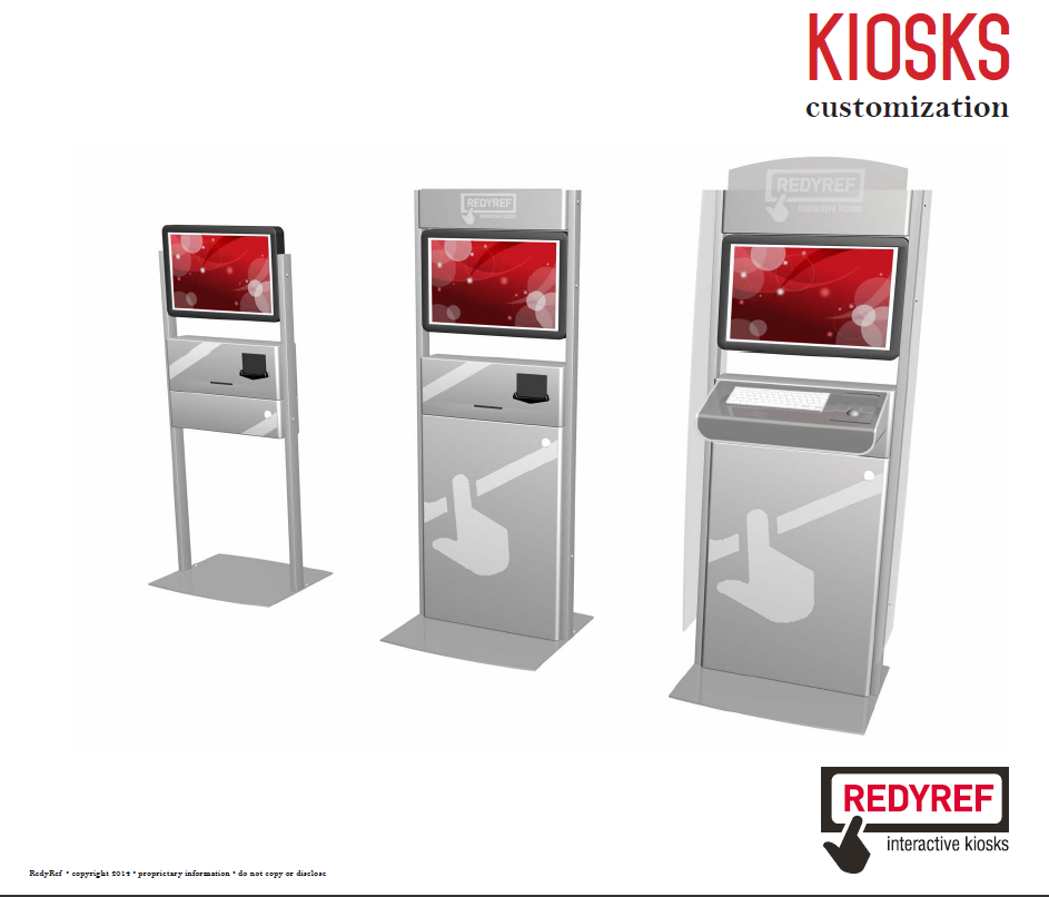 three stainless steel kiosks from REDYREF with various customizations