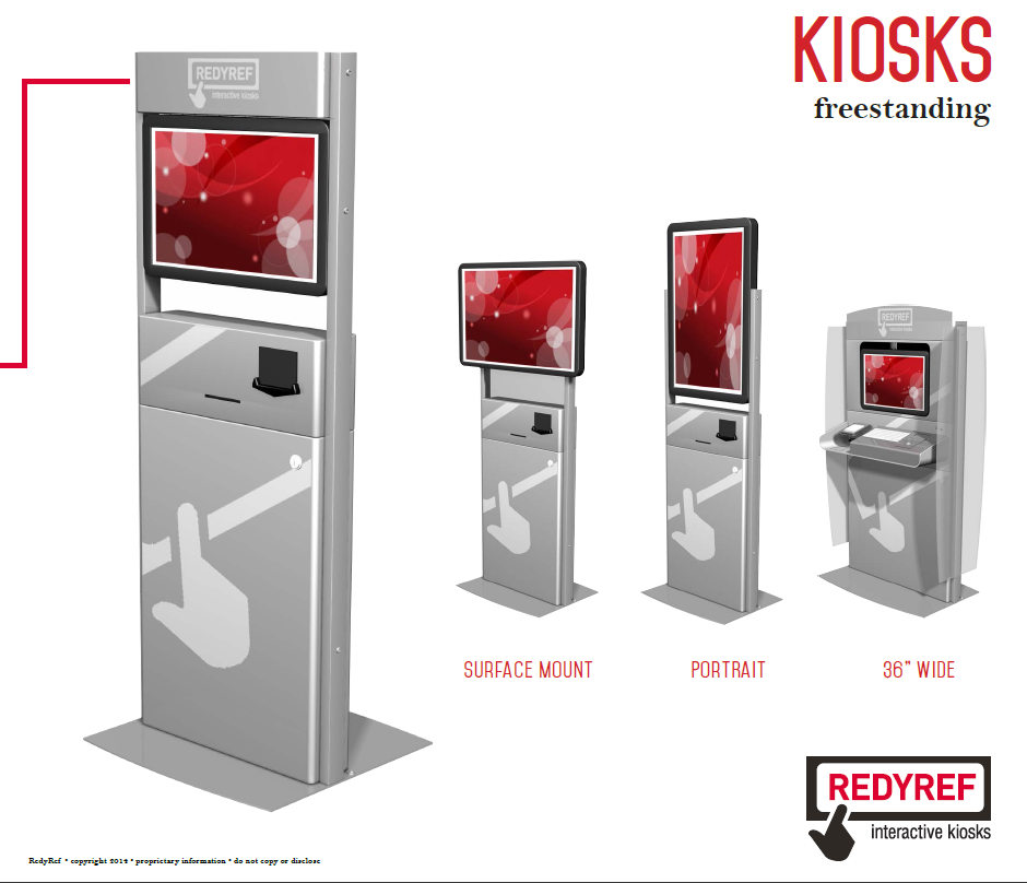 four stainless steel touchscreen kiosks with various mounting types
