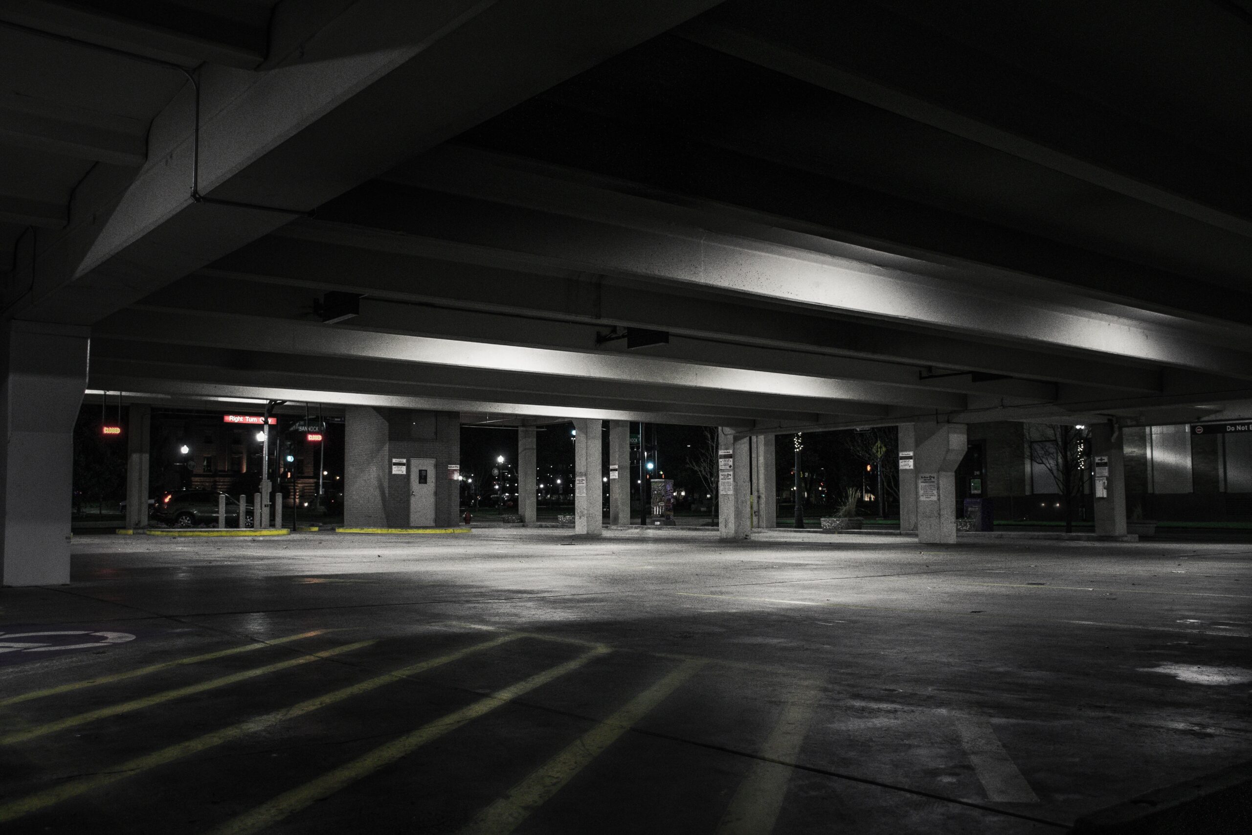interior of parking garage at night