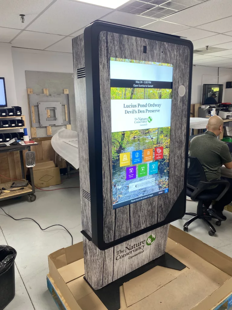 outdoor digital kiosk for nature conservatory being boxed to be shipped