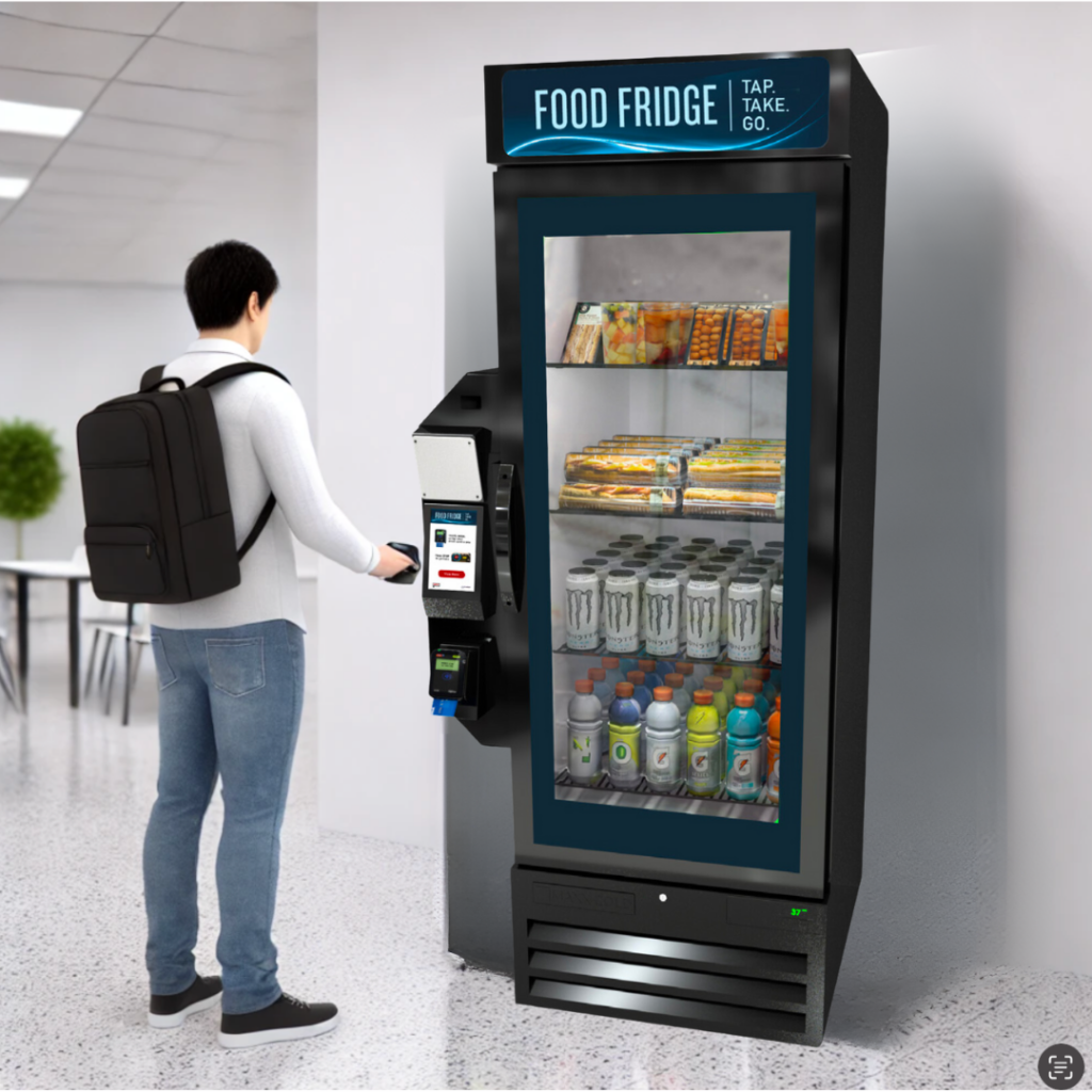 smart food vending machine in use by man