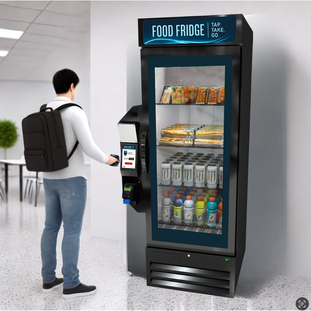 smart food fridge in use by man