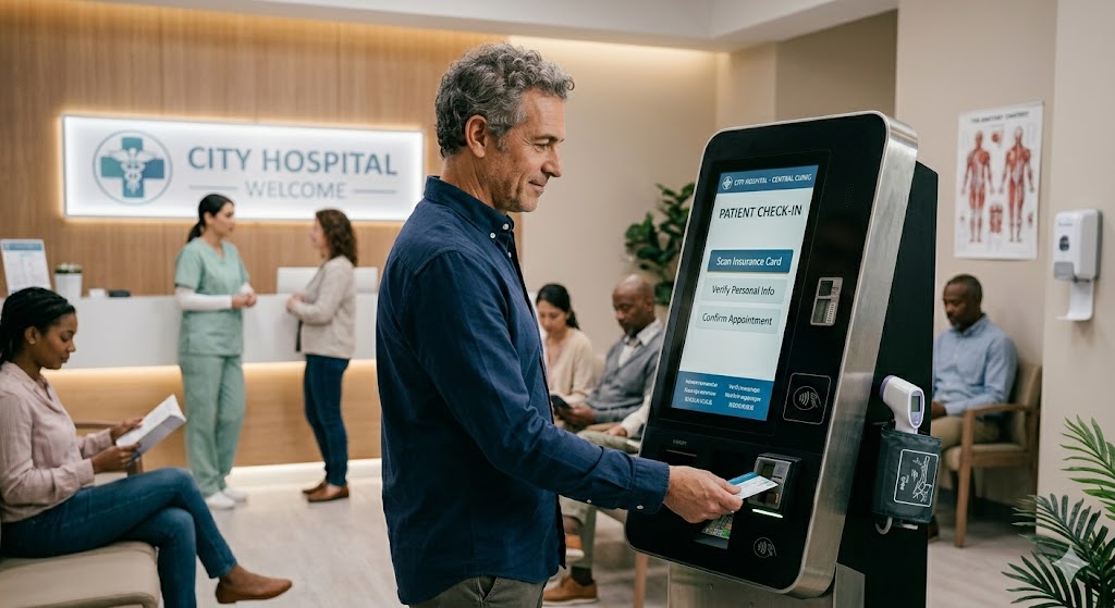 man using patient self-check in kiosk