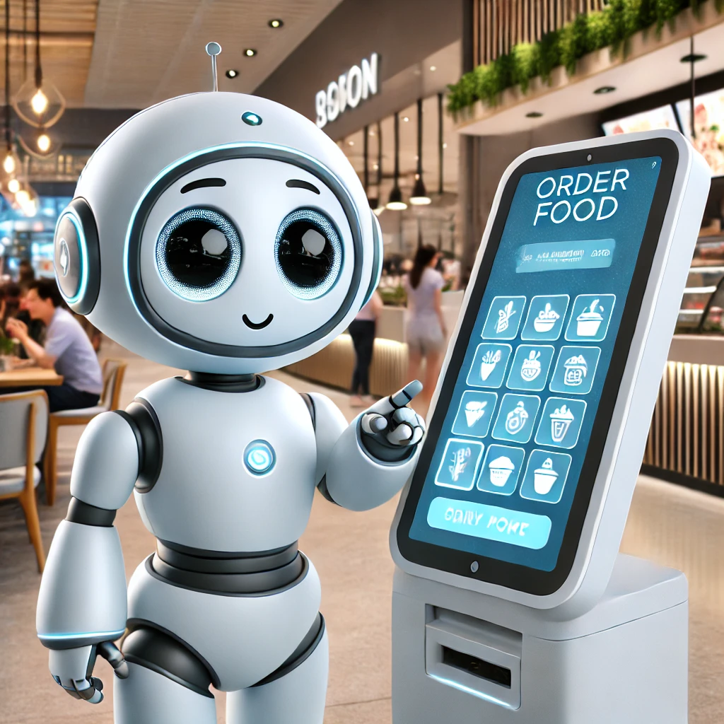 cute robot ordering food at food court kiosk