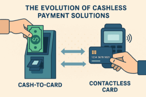 illustration of cash to card kiosk and contactless payment terminal