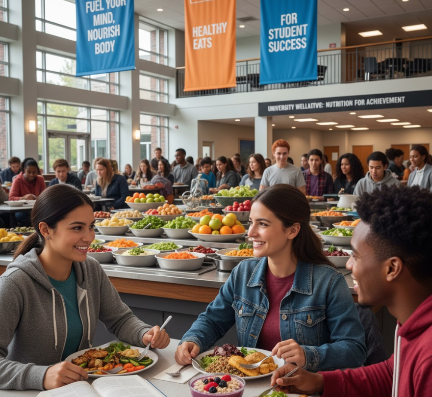 campus dining hall with students eating healthy options