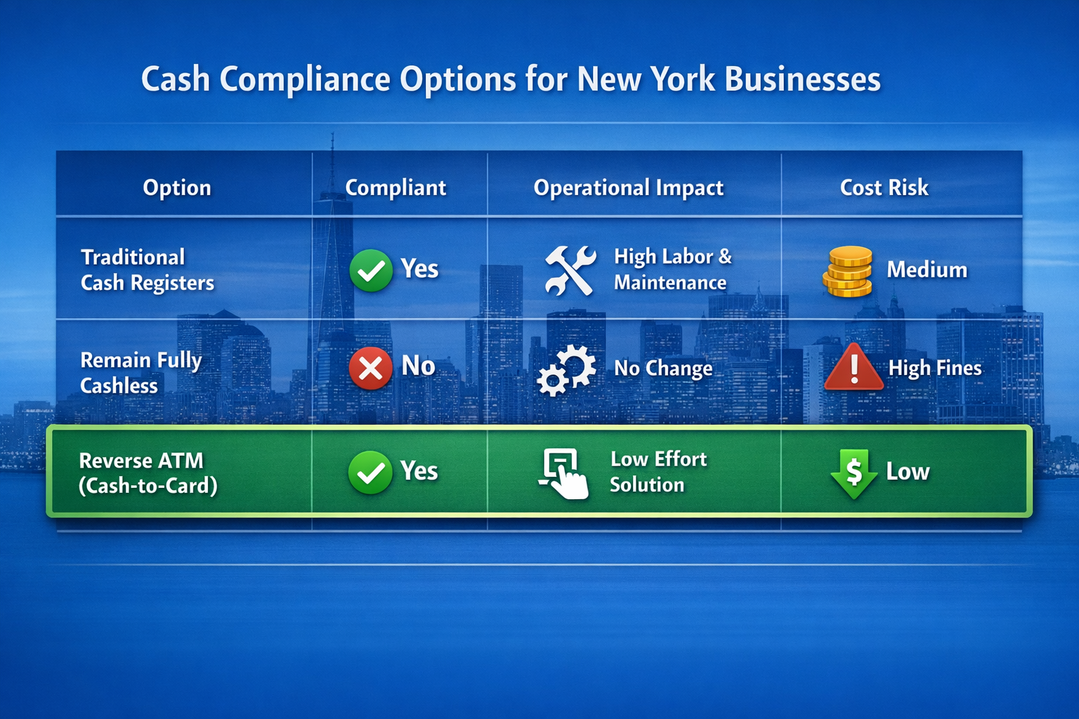Cash compliance options for New York