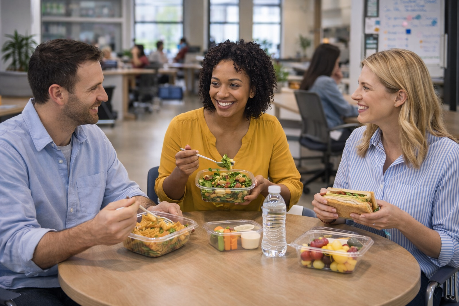 coworking team eating fresh food